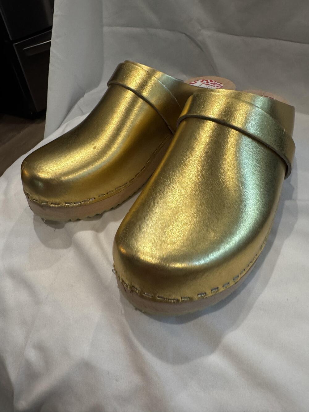 Lili & Lala Stockholm Gold Metallic Leather Clog Mules Wood Sole Sweden 38 7.5